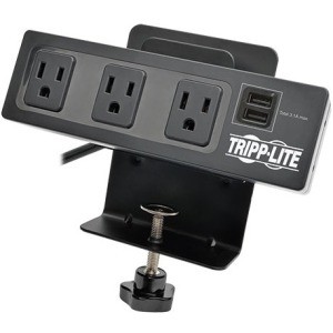 Tripp Lite 3-Outlet Surge Protector with Desk Clamp w/ 2-Port USB Charging - 10-ft